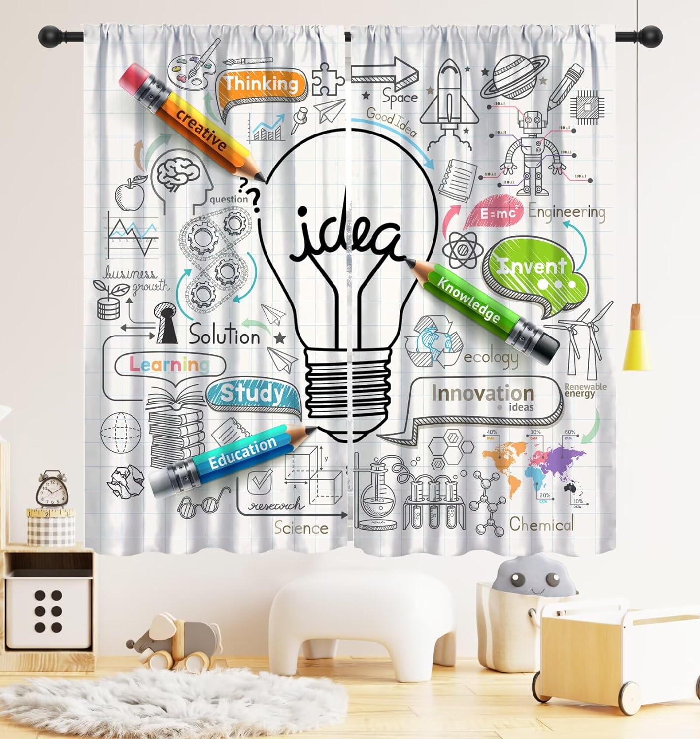 Science Nursery - Cartoon-Wissenschafts-Leuchtstoffröhren-Vorhänge, mit Mathe-, Chemie- und Physik-Print,
