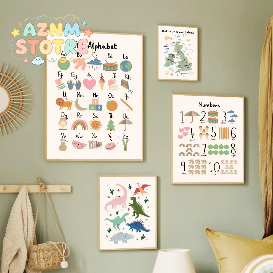 Star Map Poster - Tierweltkarte Dinosaurier Alphabet Zahlen Leinwand Wandkunst